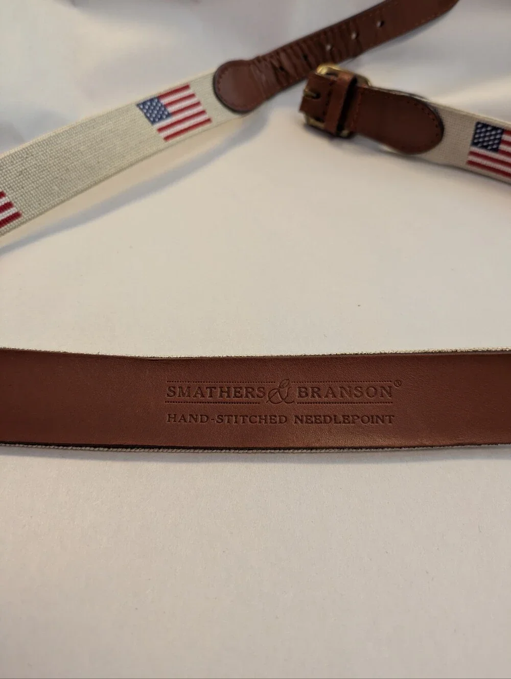 Smathers And Branson American Flag Needlepoint Mens Belt Leather Back